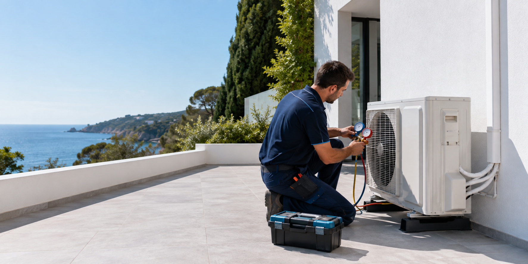 Técnico de climatización trabajando en una unidad exterior
